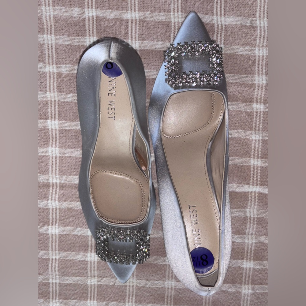Nine West Silver Pointed Toe Crystal Buckle Flats